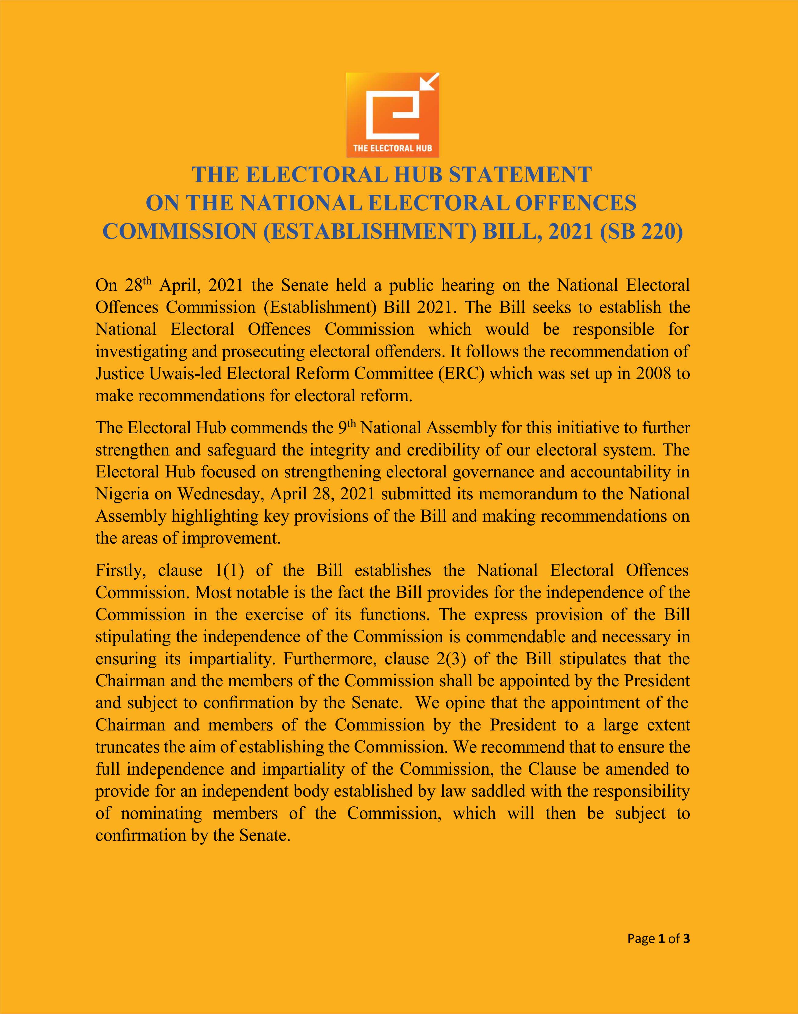 The Electoral Hub Statement on the National Electoral Offences Commission (Establishment) Bill, 2021 (Sb 220)