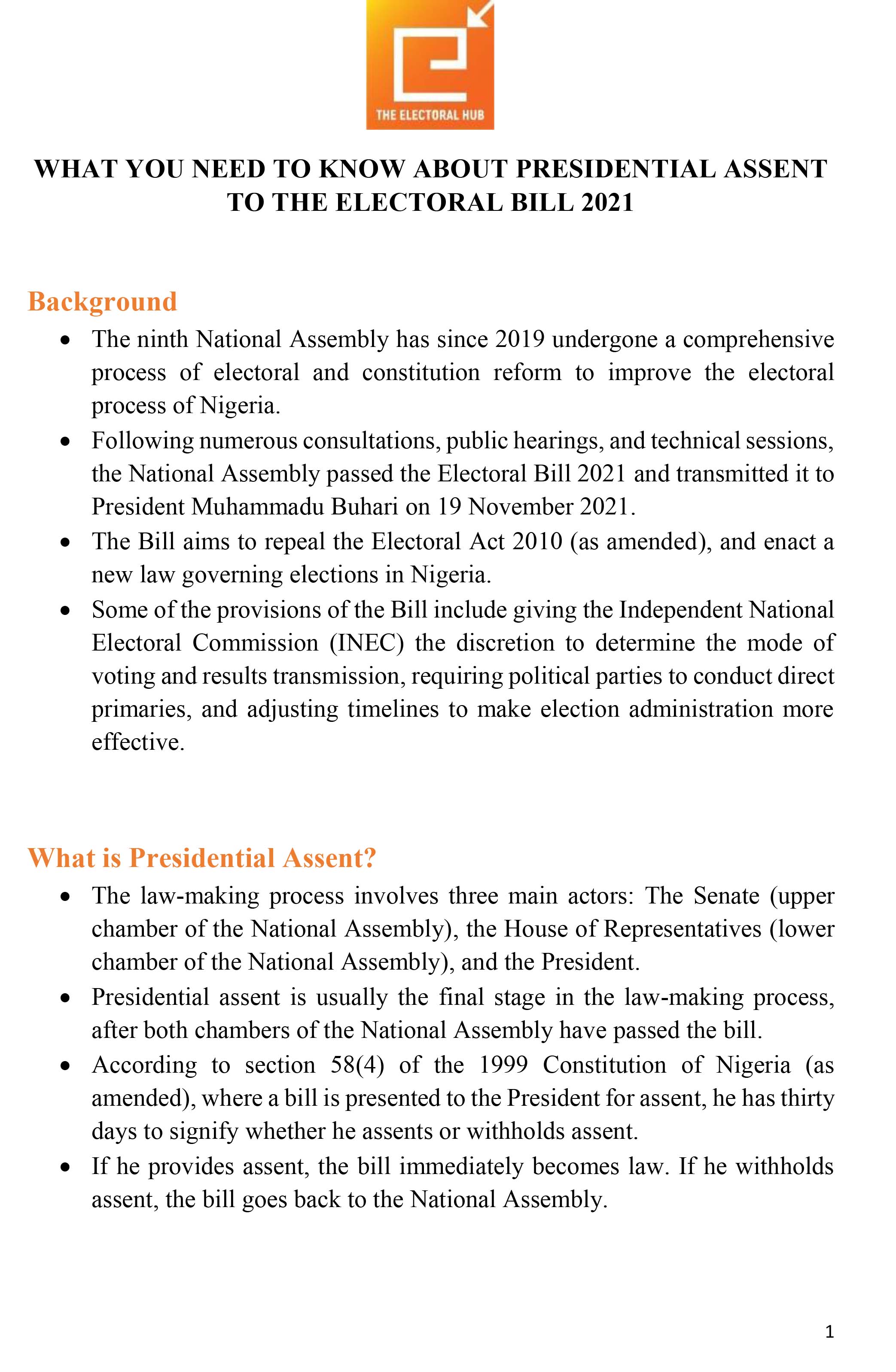 Presidential Assent to the Electoral Bill 2021