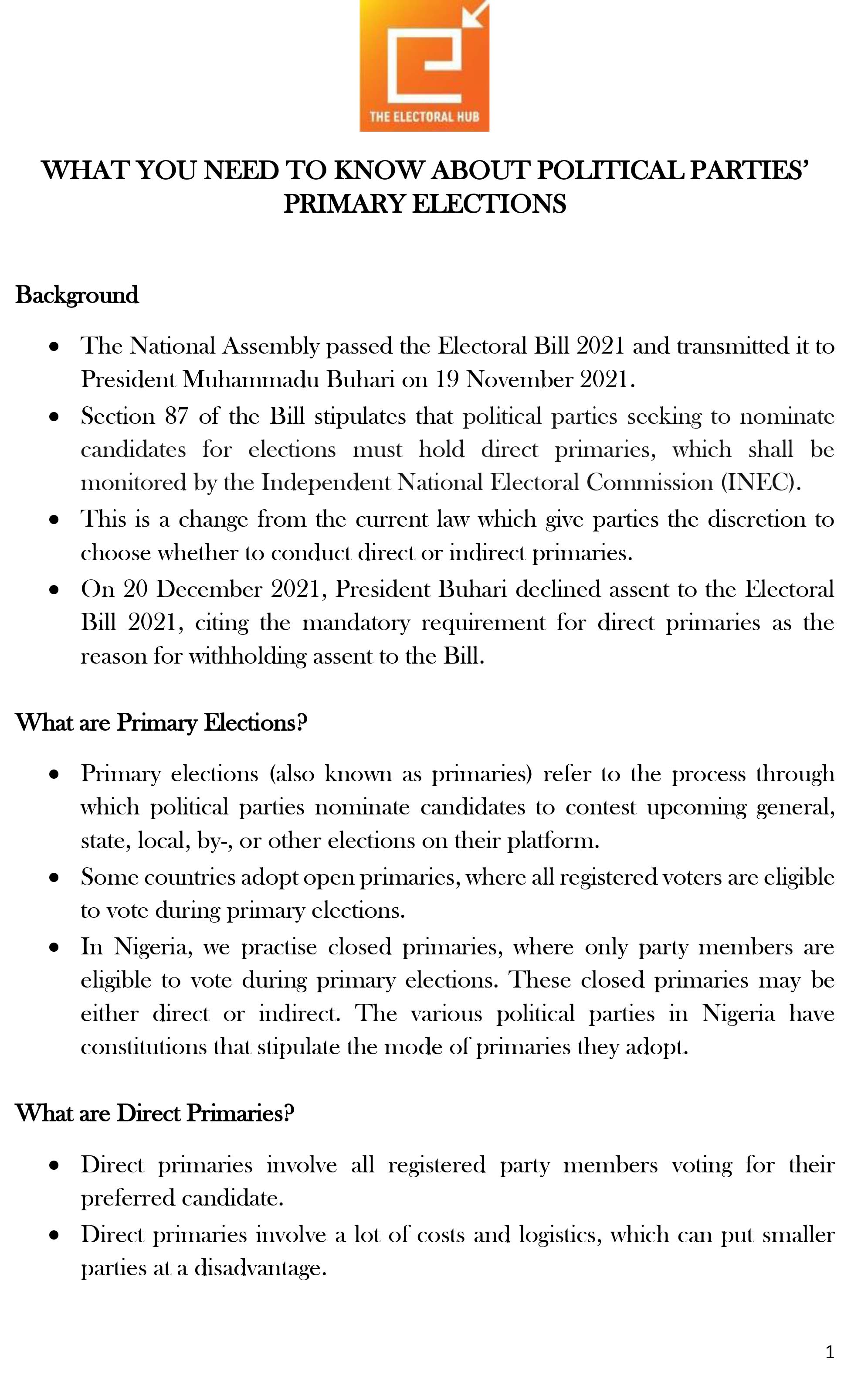 The Electoral Hub Factsheet on Political Parties Primaries